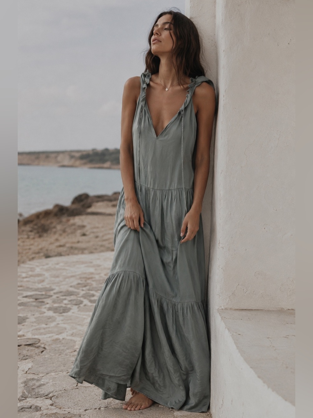 Sofia Made in Italy Pale Green Silky Tiered Bohemian Maxi Dress Size Small